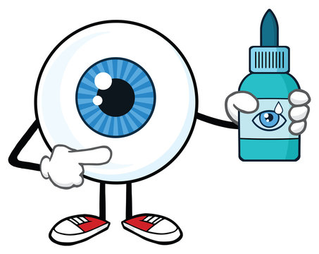 Eyeball Cartoon Mascot Character Holding A Eye Drops Plastic Bottle. Vector Illustration Isolated On White Background