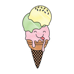 kawaii ice cream cone icon over white background, colorful design. vector illustration
