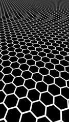 White honeycomb on a black background. Perspective view on polygon look like honeycomb. Isometric geometry. Vertical image orientation. 3D illustration