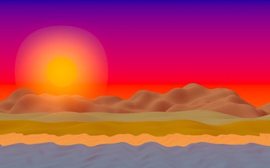Obraz na płótnie Canvas Sun Sea Beach. Sunrise. Ocean shore line with waves on a beach. Island beach paradise with waves. Vacation, summer, relaxation. Seascape, seashore. Minimalist landscape, primitivism. 3D illustration