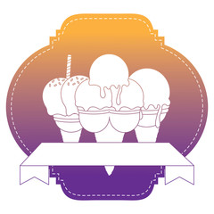 VIntage badge with decorative ribbon and ice cream cones icon over white background, colorful design. vector illustration