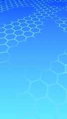 Translucent (with breaks) honeycomb on a gradient blue sky background. Perspective view on polygon look like honeycomb. Isometric geometry. Vertical image orientation. 3D illustration