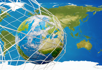 Naklejka premium earth globe soccer ball in soccer net. goal 3D-illustration. elements of this image furnished by NASA