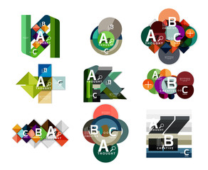 Collection of paper geometric infographics, a b c process options, presentation layouts