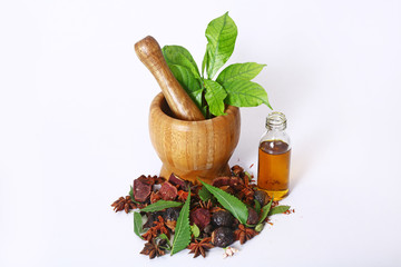 Indian Ayurvedic Oil and Herbal with Mortar and Pestle