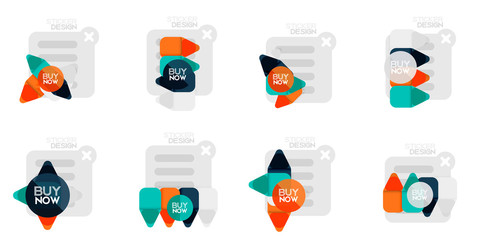 Fototapeta premium Set of flat design geometric stickers and labels, price tags, offer promotion badges, icon designs, paper style with buy now sample text, for business or web presentations, app or interface buttons