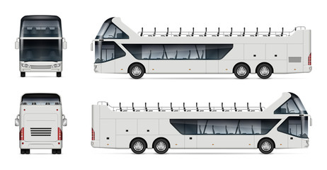 Open tour bus vector mockup on white background for vehicle branding, corporate identity. View from side, front, and back. All elements in the groups on separate layers for easy editing and recolor © Yuri Schmidt