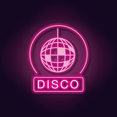 Disco emblem neon lights over dark background vector illustration graphic design