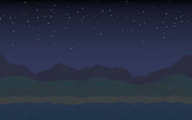 Fototapeta premium Starry moonless sky. Ocean shore line with waves on a beach. Island beach paradise with waves. Vacation, summer, relaxation. Seascape, seashore. Minimalist landscape, primitivism. 3D illustration