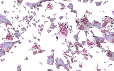 Flying euro banknotes isolated on a white background. Money is flying in the air. 500 EURO in color. 3D illustration