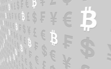 Obraz premium Bitcoin and currency on a gray background. Digital Cryptocurrency symbol. Business concept. Market Display. 3D illustration
