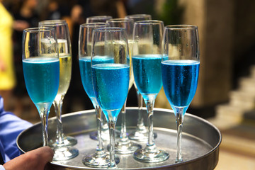 The waiters greet guests with alcoholic drinks. Champagne, blue wine, white wine on trays.