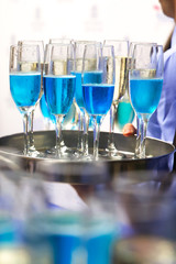 The waiters greet guests with alcoholic drinks. Champagne, blue wine, white wine on trays.