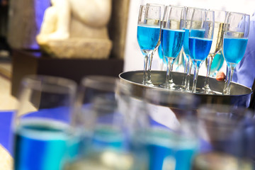 The waiters greet guests with alcoholic drinks. Champagne, blue wine, white wine on trays.