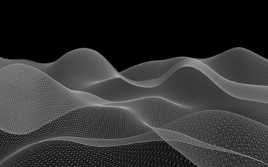 Abstract landscape on a dark background. Cyberspace grid. Hi-tech network. 3D illustration