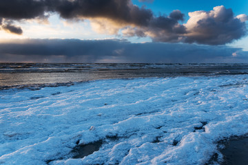 Icy Baltic sea coast in winter, Liepaja, Latvia.