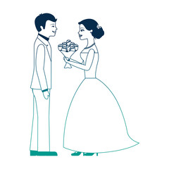 married couple with bouquet of flowers avatar character vector illustration design