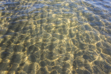 The background of sand on the seabed through layer of clear and transparent sea water