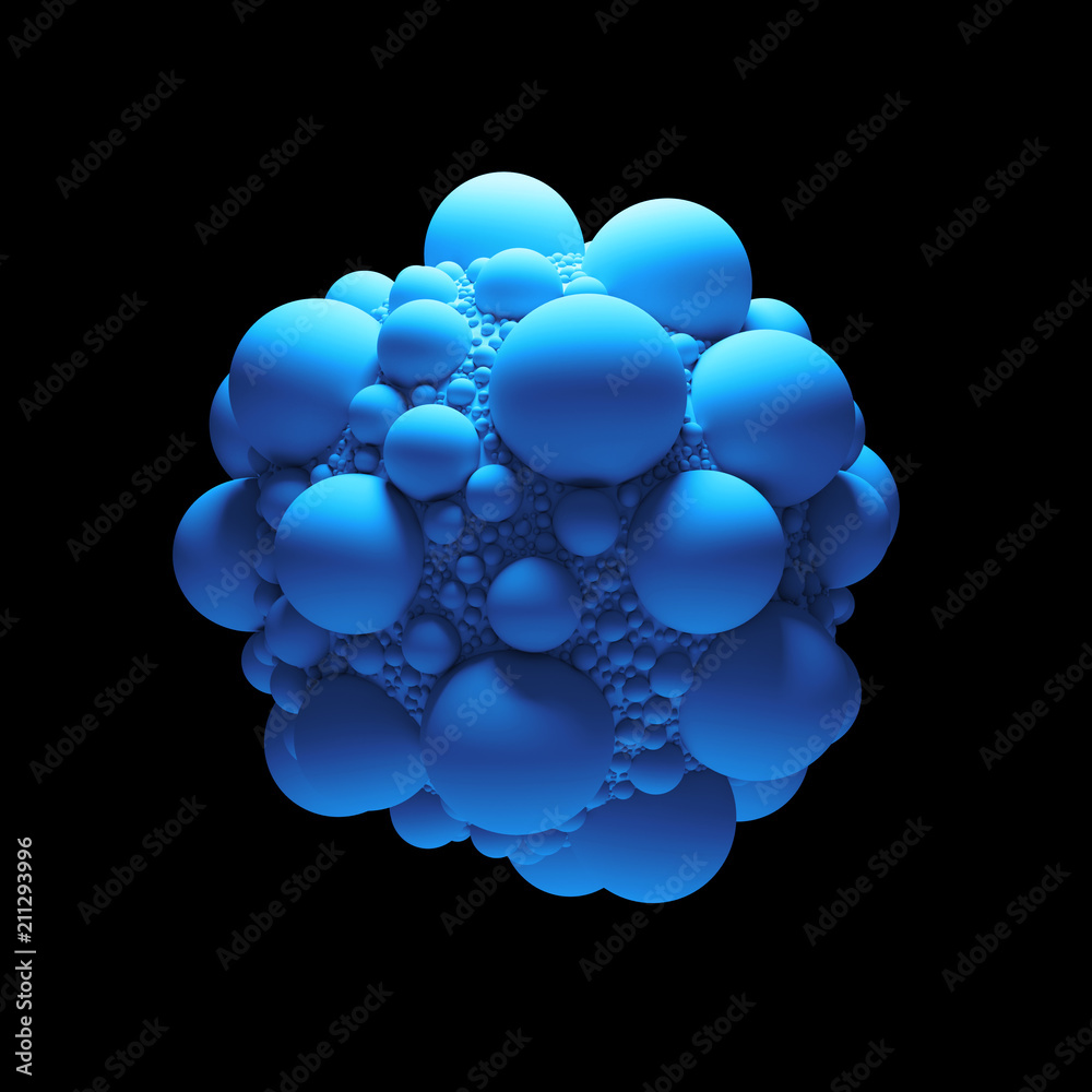 Poster 3d render abstract geometry shape, covered with sphere with random scale. cloned sphere objects on p