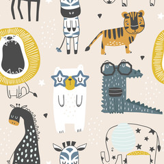 Naadloos kinderachtig patroon met schattige dieren in zwart-wit stijl. Creatieve Scandinavische kinderen textuur voor stof, verpakking, textiel, behang, kleding. vector illustratie