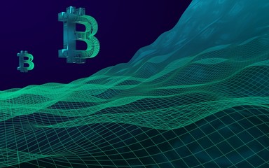 Digital currency symbol Bitcoin on abstract dark background. Growth of the cryptocurrency market. Business, finance and technology concept. 3D illustration. Bit, Coin, mining concept