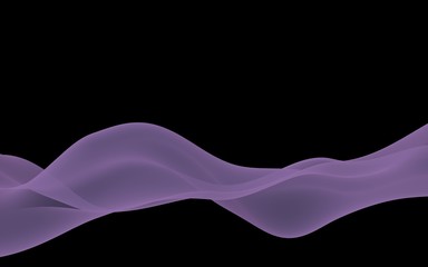 Abstract purple wave. Raster air background. Bright purple ribbon on dark background. Purple scarf. Abstract smoke. 3d illustration