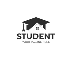Fototapeta na wymiar Student housing logo template. Students accommodation vector design. Bachelor cap and house roof logotype