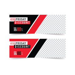 Black and red banner design. Black Friday sale poster. Sale voucher. Gift card. Facebook banner. Vector Illustration