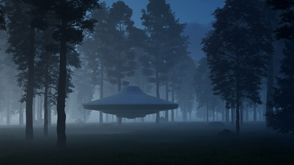 3d illustration contact with UFO in the forest
