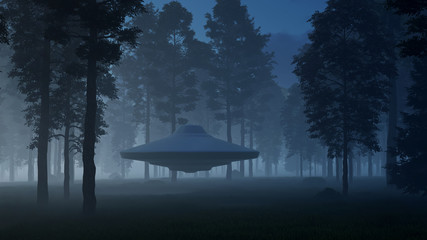 3d illustration contact with UFO in the forest   © kolbass