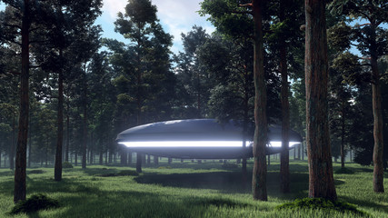 3d illustration contact with UFO in the forest
