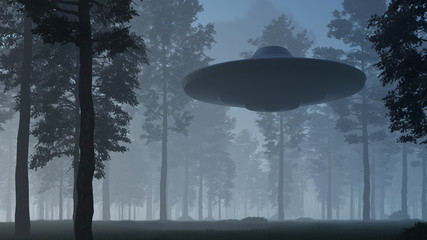 3d illustration contact with UFO in the forest   © kolbass