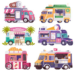 City fast food trucks and wagons set in flat design. Ice cream parlor, coffee van, beach bar, popcorn cart and summer juice caravan. Street food festival cars with drinks and snacks on wheels.