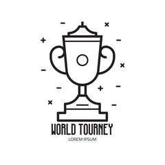World competition logo template with trophy cup icon in line art. Winner logo or emblem with chalice sport prize on pedestal.