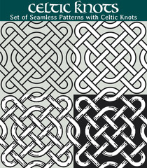 Set of Seamless Patterns with Celtic Knots. 4 different versions of a seamless pattern with Celtic knots: with white filling, without filling, with shadows and with a black background.