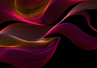 Abstract vector moire pattern with lines. Graphic red and pink wave ornament on black background.