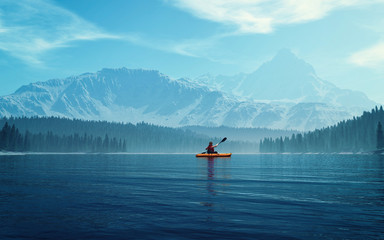 Fototapety  Mężczyzna z kajakiem na jeziorze
