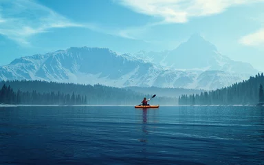 Abwaschbare Fototapete Grün blau Mann mit Kanu auf dem See