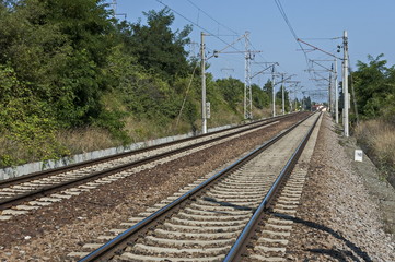 Obraz premium Rail-train infrastructure near village Vakarel, situated in the Sredna Gora mountain, Ihtiman, Bulgaria 