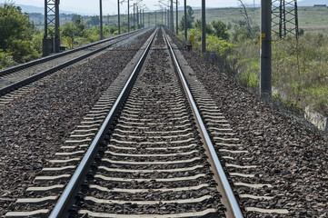 Fototapeta premium Rail-train infrastructure near village Vakarel, situated in the Sredna Gora mountain, Ihtiman, Bulgaria 
