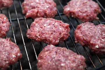Homemade Hamburgers.Grill Meatballs. Raw Beef Meatballs. Outdoor Picnic.
