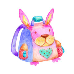 Watercolor Backpack for children in the form of a bunny illustration Isolated On White Background on the school theme. Back to school.