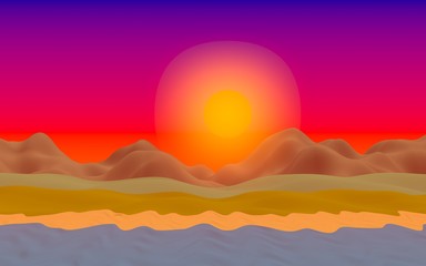 Sun Sea Beach. Sunrise. Ocean shore line with waves on a beach. Island beach paradise with waves. Vacation, summer, relaxation. Seascape, seashore. Minimalist landscape, primitivism. 3D illustration