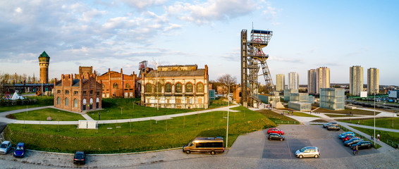 Wide panorama of contemporary Katowice city center  in Poland with old buildings, lift and facilities of a former coal mine
