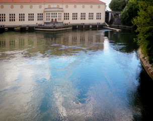 Power plant  on the Ismaninger Speichersee, artificial lake near Munich, with flood control of Isar...