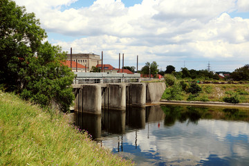 Ismaninger Speichersee, artificial lake near Munich with a power plant connected to the flood-gate...