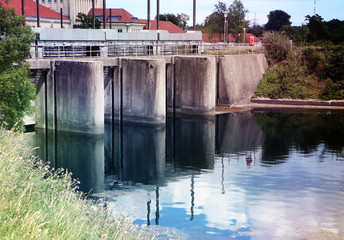  Ismaninger Speichersee, artificial lake near Munich with a power plant connected to the flood-gate...