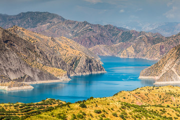 Nice view of Nurek Reservoir in Tajikistan - obrazy, fototapety, plakaty