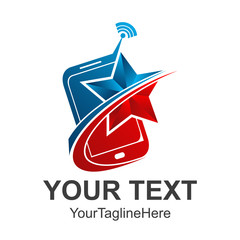 3d Mobile phone blue grey with wifi icon and star swoosh Symbols logo design elements