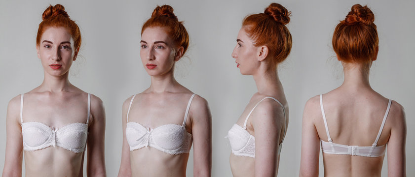 Collage Snap Red Hair Models. Beautiful Slim Tanned Woman In White Underwear, With No Retouching On Gray Background